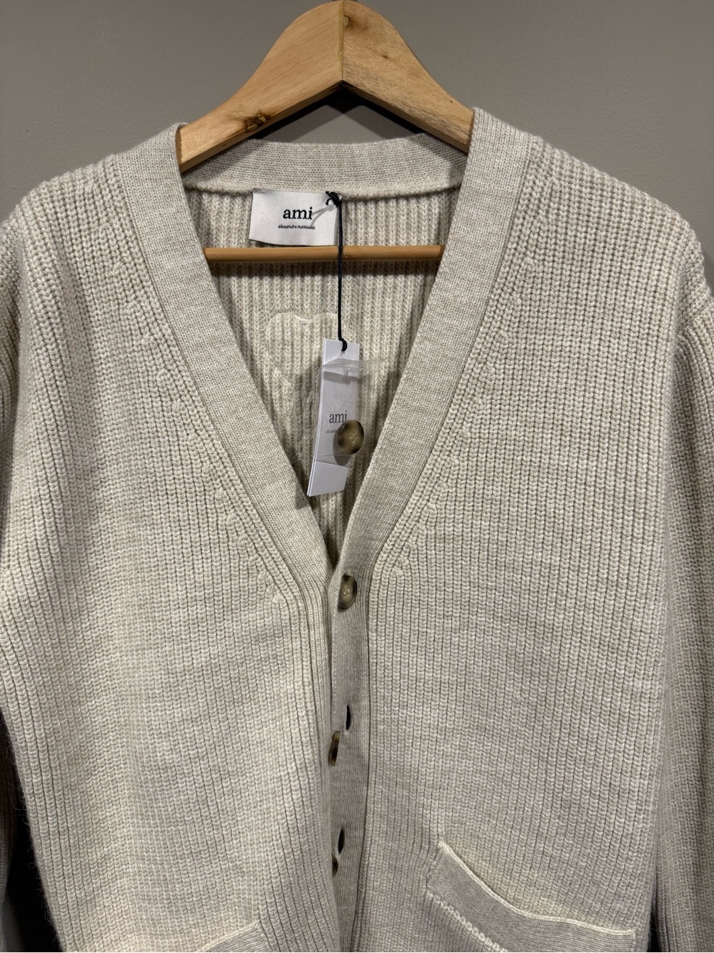 AMI Paris Cream Cardigan with Red Trim image 2